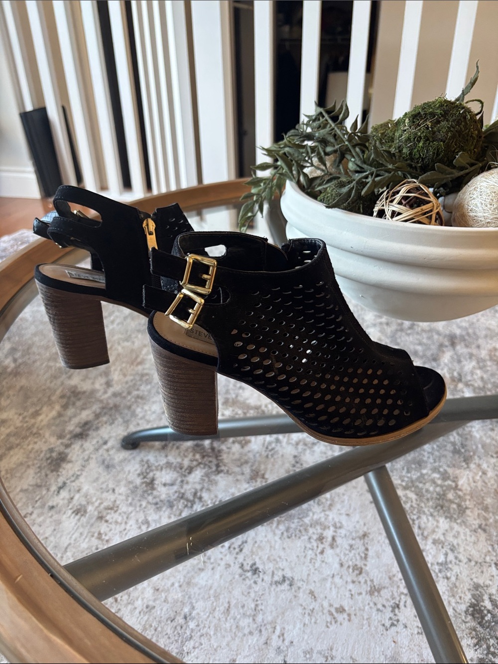 Steve Madden Black Perforated Block Heel Sandals with Gold Buckles